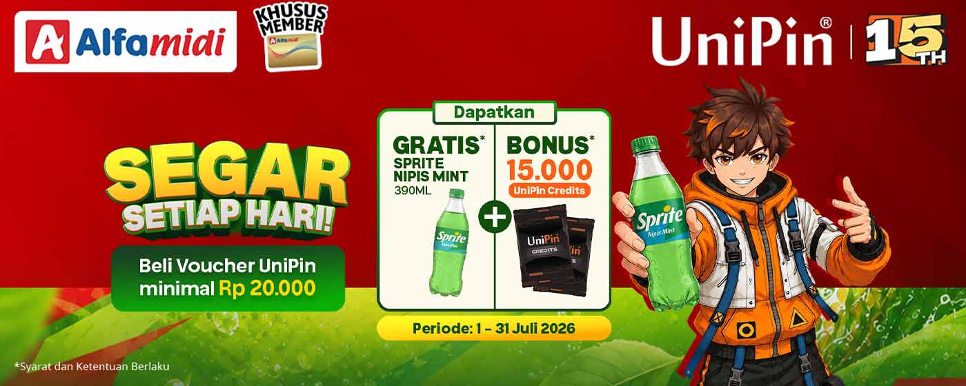 SEGAR SETIAP HARI! Gratis Sprite + Bonus 15.000 UniPin Credits hanya di Alfamidi!